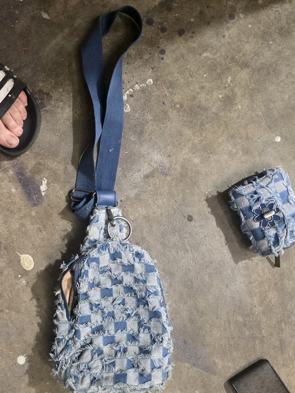 Frayed Denim Checker Crossbody Bag And Wallet Combo - Blue